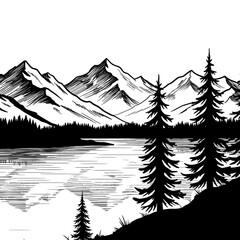 Serene Mountain Lake Landscape: Black and White Line Art Illustration of Majestic Peaks, Calm Water, and Evergreen Trees