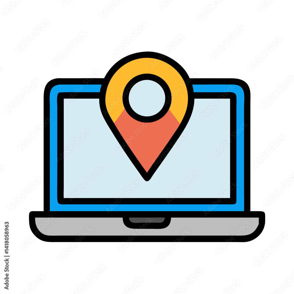 Poster Laptop with Pin Icon Representing Location-Based Services and Online Geolocation Access