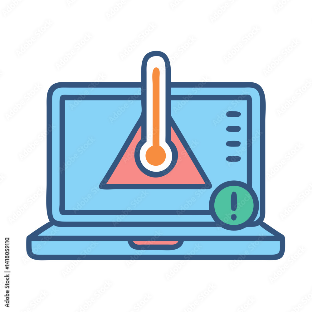 Poster laptop with warning and thermometer icon representing overheating alert and thermal risk