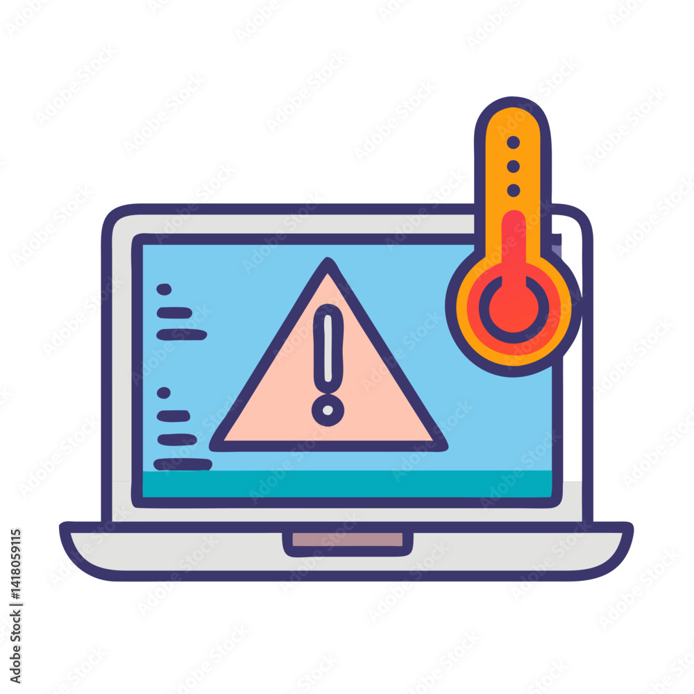 Poster laptop with warning and thermometer icon representing overheating alert and thermal risk