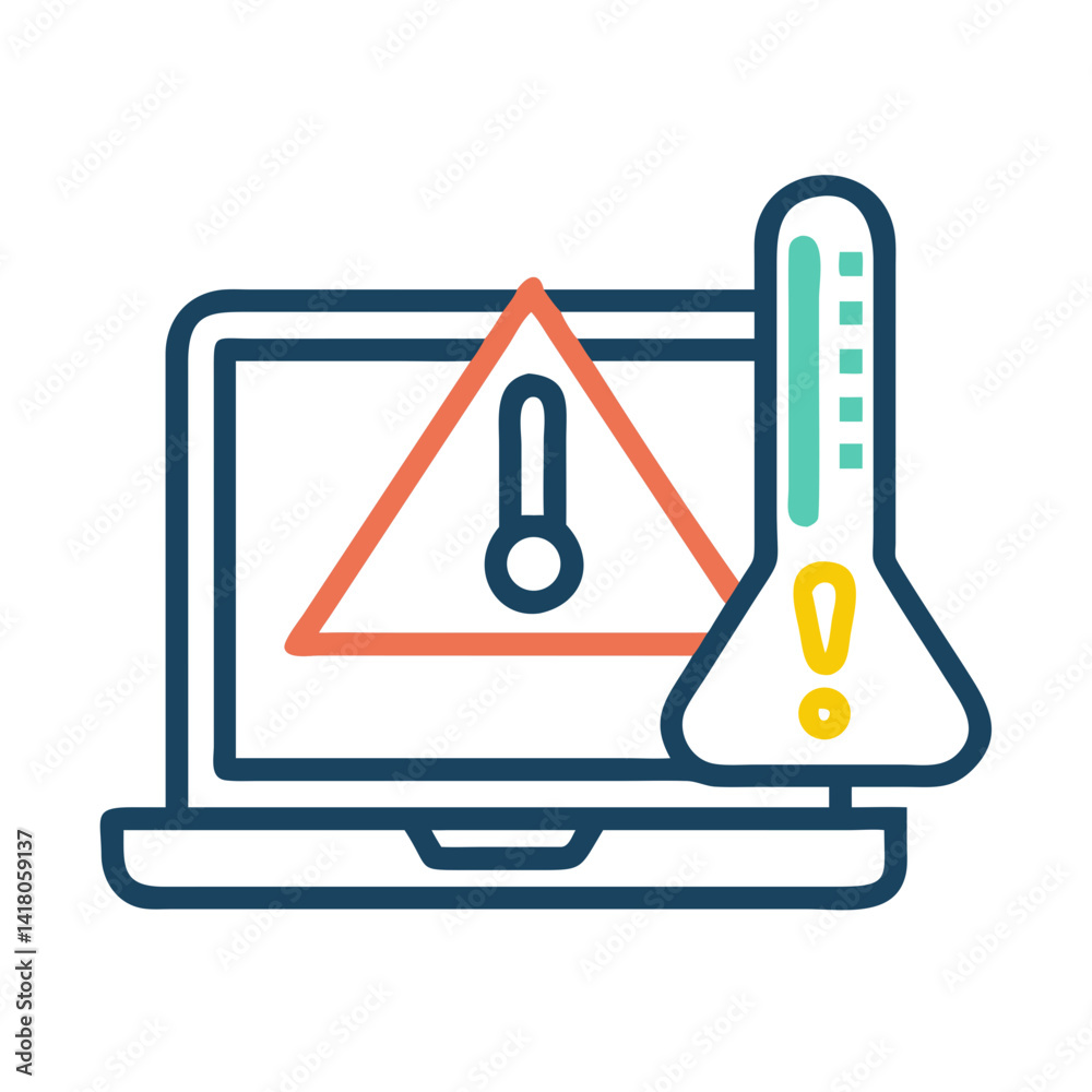 Poster laptop with warning and thermometer icon representing overheating alert and thermal risk