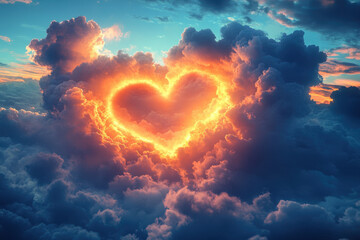 Heart-shaped cloud floating in the blue sky above a sunset-lit mountain range, creating a whimsical and romantic scene.