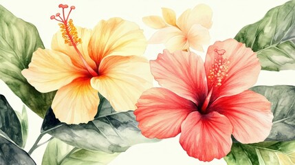 Obraz premium Watercolor painting of vibrant hibiscus flowers and tropical leaves.