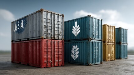 Stack of colorful shipping containers on a paved surface with a cloudy sky background