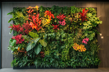 Fototapeta premium Lush tropical plants and vibrant flowers against a green wall.