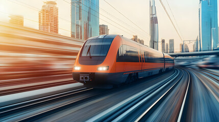 Fototapeta premium High-Speed Orange Train Moving Through Modern Cityscape At Sunrise