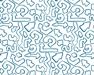 Seamless pattern of blue doodle arrows. Hand-drawn curved and wavy marker-style strokes with bold lines and sketchy texture. Fun and dynamic vector design for creative projects.