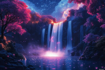 Fototapeta premium Waterfall cascading, rocks beneath, purple sky.