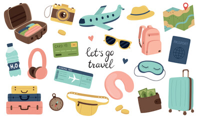 A set of cute travel elements. A collection of hand-drawn vacation items. Vector illustration © Victoria Guzeeva