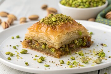 Baklava slice with pistachio topping, plated in the center, white background