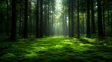 Fototapeta premium Emerald moss carpets the forest floor sunlight filters through towering trees creating a mystical serene atmosphere