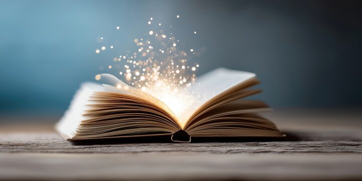 An enchanting open book emanating magical light and sparkles, representing the power of stories to inspire imagination and evoke emotions beyond reality.