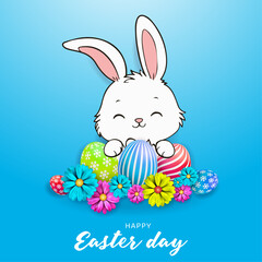 Cute Bunny with Easter Eggs and Flowers, easter day festival vector design Post 
