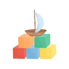 A composition of children's toys: colored cubes, a wooden boat, handmade digital illustration on a white background