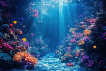 Naklejka premium Sunbeam illuminates colorful fish swimming over vibrant coral reef, creating a mesmerizing underwater scene.