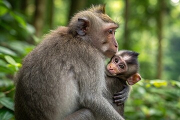 Fototapeta premium A Baby Monkey Clinging to its Mother A Touching Moment of Primate Affection