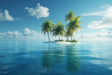 Small island with palm trees in the ocean, surrounded by clear blue waters and distant sailboats. Peaceful paradise captured from above.