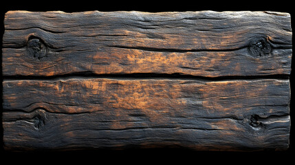 Old wood piece with knots showing grain  charred texture contrasted against a black background Two horizontal section
