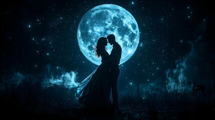 Romantic silhouette of a couple embracing beneath a giant glowing moon surrounded by stars in a blue night sky