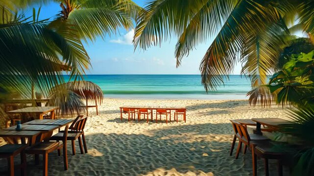 Tropical beachside cafe, sunlight through palms