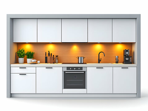 Sleek kitchen with white cabinets wood backsplash plants and cooking equipment Modern appliances and design elements