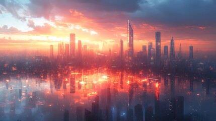 Fototapeta premium A futuristic cityscape reflected in a fiery sunset.