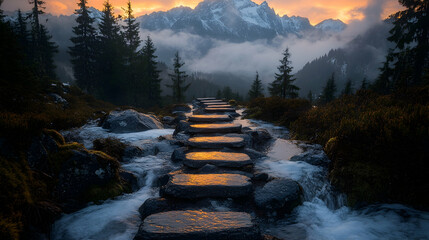 Stone steps cross a clear stream with golden reflections against a backdrop of mountains and forest under a warm cloudy