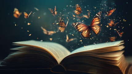 Orange Butterflies Emerging from Open Vintage Book, Dark Fantasy Illustration