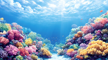 Vibrant coral reef under a bright sunny sky filled with schools of tiny fish and colorful corals in crystal-clear wate