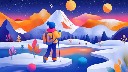 Naklejka premium Winter wanderer a lone hiker admires snowcapped peaks under a starry moonlit sky