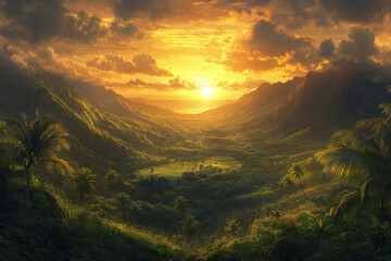 Golden sunset casting warm light over lush jungle canopy, silhouetted trees, and tranquil river below.