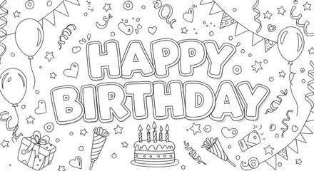 Happy Birthday Celebration with Balloons, Cake, Confetti and Festive Decoration Line Art for Coloring Book