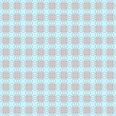 Seamless pattern with light blue background and line and abstract flower design in soft orange color