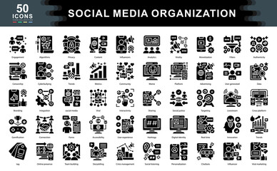 The Social Media Organization black icon set represents key strategies, tools, and dynamics for digital influence, audience engagement, content management, and brand visibility in today's platforms.