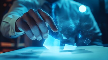 Man finger touch check mark, digital documents and files hologram. 