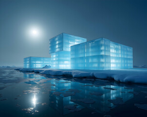 Icy Enclave, A breathtaking high-resolution stock photo capturing majestic cube structures glistening amidst a frozen landscape under the soft glow of the sun
