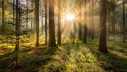Fototapeta premium Sunlight Sunbeams Through trees at the Coniferous Forest