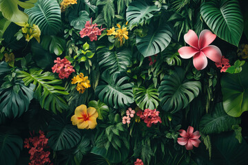Lush tropical plants and vibrant flowers in full bloom, creating a colorful and lively botanical oasis.