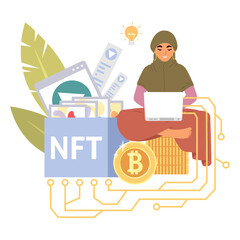 A person sits cross-legged in a cozy setting, using a laptop while surrounded by digital art tools and cryptocurrency symbols, illustrating the rise of NFTs and blockchain technology.