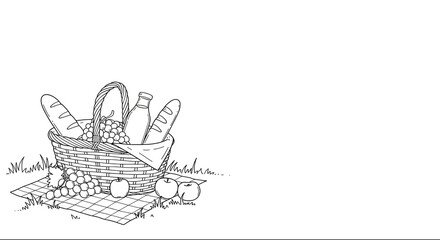 Fototapeta premium Basket with bread, grapes, and apples on picnic blanket in grass