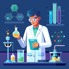 A man in a lab coat holding a beaker. The image is of a scientist in a lab setting