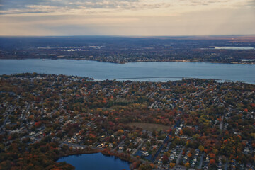 Providence, Rhode Island, fall at sunset from Airplane, Aerial, Downtown USA city skyline on the Providence River.