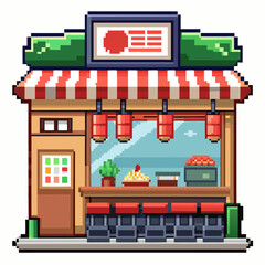 Pixel Art Street Food Stall with Red Striped Awning and Lanterns