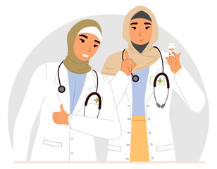 Two female healthcare professionals wearing lab coats and stethoscopes assist patients with medications. Their friendly demeanor promotes a welcoming atmosphere in the clinic.