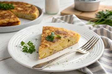 Tortilla Espa&ntilde;ola slice served with a fork on white plate, minimal setting