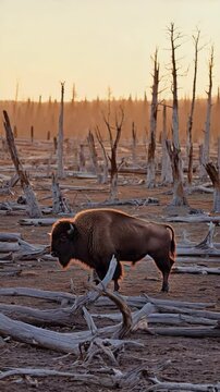 American bison standing in an arid landscape filled with dead trees at sunset, animal in dry habitat.