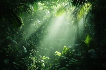 Obraz premium Sunlight filters through dense jungle canopy, casting dappled shadows on lush foliage below.