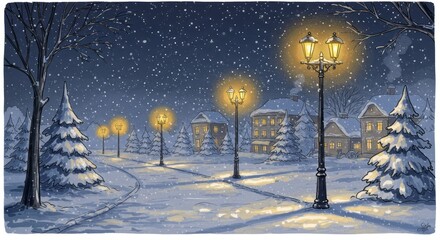 Naklejka premium Snowy winter night in a charming village with illuminated street lamps and cozy houses