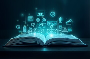 Fototapeta premium Open Book with Glowing Technological Icons in Teal Against Dark Background with Copy Space
