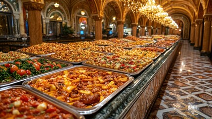 Buffet style food spread in a lavish dining hall